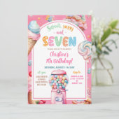 ピンクカラフルパステルキャンディーズKid's 7誕生日 招待状 (スタンド正面)