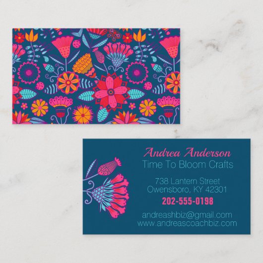 ピンクカラフルフォークアートフローラ 名刺 (正面/裏面)