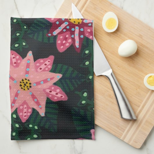 ピンクカラフルフローラブーケ キッチンタオル (四つ折り)