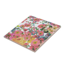 ピンクカラフルフローラ植物花 タイル