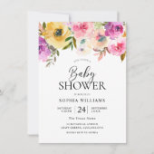 ピンクカラフルフローラ水色ベビーシャワー 招待状 (正面)