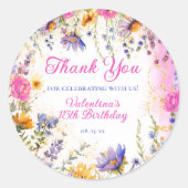 ピンクカラフルフローラ誕生日ティーパーティーありがとう ラウンドシール (正面)