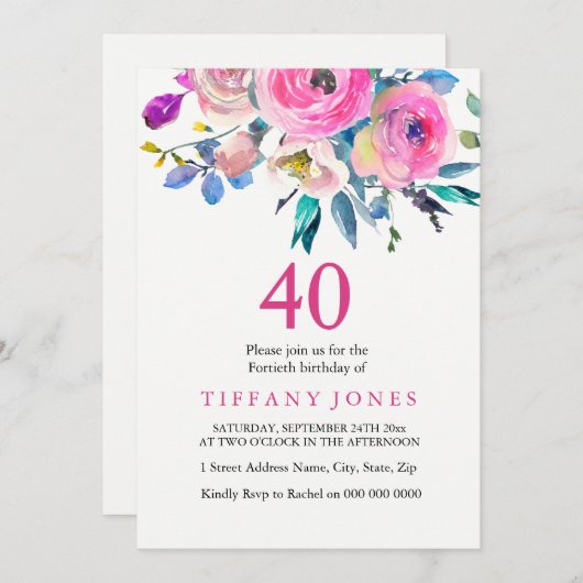 ピンクカラフルフローラ40th誕生日パーティー招待状 招待状 (正面/裏面)