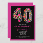 ピンクカラフルブラック女子40歳の誕生日パーティー 招待状 (正面/裏面)