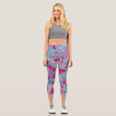 ピンクカラフルブルーモダン抽象芸術花柄 カプリレギンス (正面)