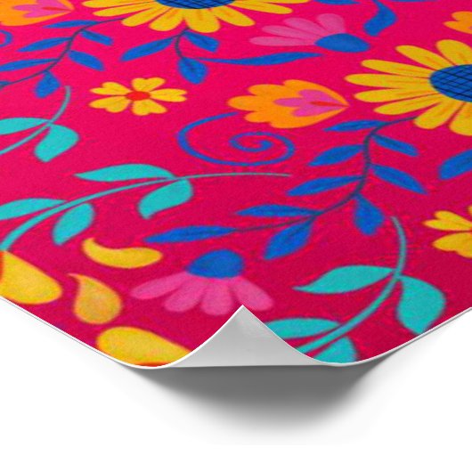 ピンクカラフルメキシコフォークアートフローラルパターン ポスター (角)