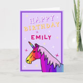 ピンクカラフルユニコーンガールハッピーバースデーカード カード (正面)