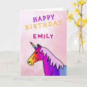 ピンクカラフルユニコーンガールハッピーバースデー カード (黄色い花)