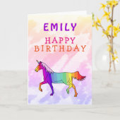 ピンクカラフルユニコーンガールハッピーバースデー カード (黄色い花)
