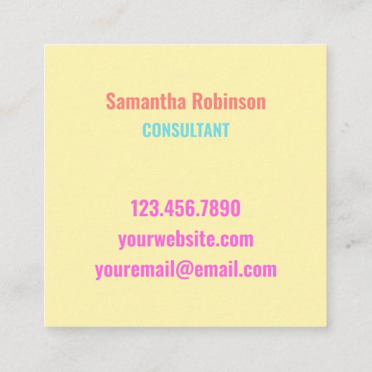 ピンクカラフルレインボーハローグローはっきりしたフォント スクエア名刺 (裏面)