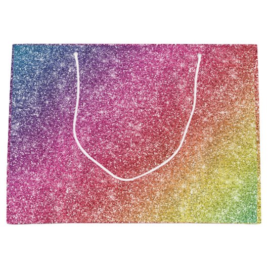 ピンクカラフルレッドイエローレインボーグリッタースパークルズ ラージペーパーバッグ (正面)