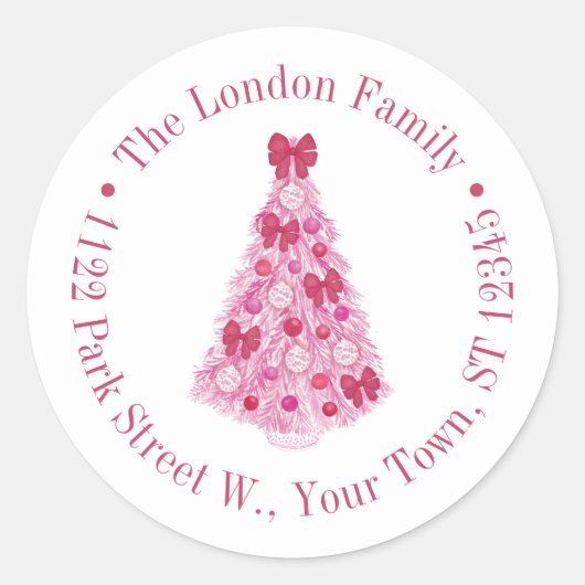 ピンクカラフルレッドクリスマスツリー差出人住所 ラウンドシール (正面)