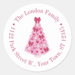 ピンクカラフルレッドクリスマスツリー差出人住所 ラウンドシール