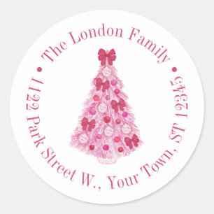 ピンクカラフルレッドクリスマスツリー差出人住所 ラウンドシール