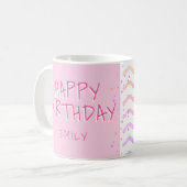 ピンクカラフル波のガーリーハッピーバースデー写真 コーヒーマグカップ (正面左)