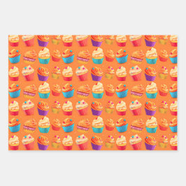 ピンクカラフル、オレンジ、黄色の誕生日カップケーキ ラッピングペーパーシート