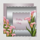 ピンクカラリリーバースデーパーティーの招待テンプレート 招待状 (正面/裏面)
