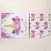 ピンクカリフォルニアポピーフローラユニコーンヘッド ビーチタオル (正面)