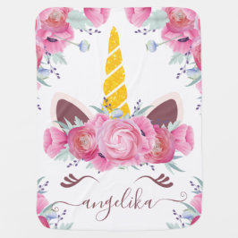 ピンクカリフォルニアポピーフローラユニコーンヘッド ベビー ブランケット