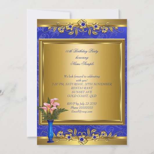 ピンクカリー王室のブルーパール金ゴールド誕生日パーティー2 招待状 (裏面)