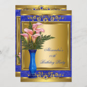 ピンクカリー王室のブルーパール金ゴールド誕生日パーティー2 招待状 (正面/裏面)