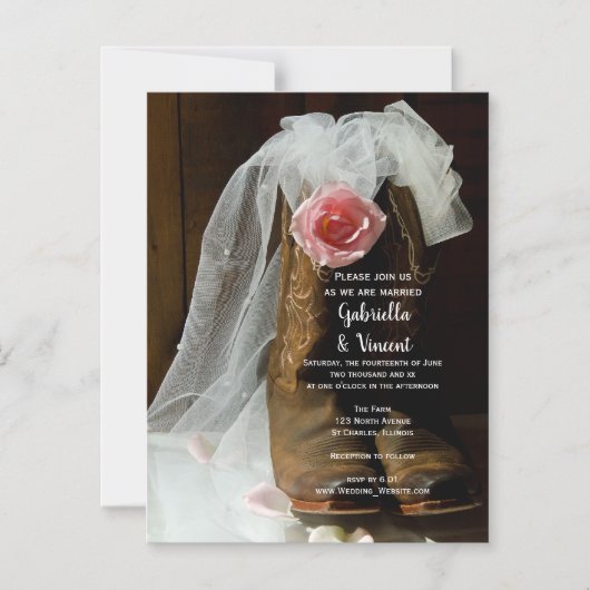 ピンクカントリーバラとカウボーイブーツウェスタン結婚ズ マグネット招待状 (正面)