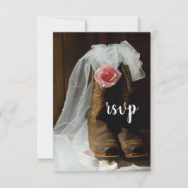 ピンクカントリーバラとカウボーイブーツウェスタン結婚ズ 出欠カード