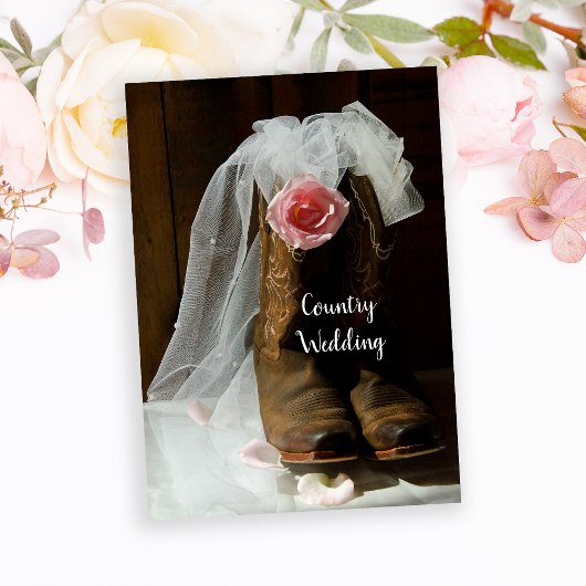 ピンクカントリーバラとカウボーイブーツウェスタン結婚ズ 招待状