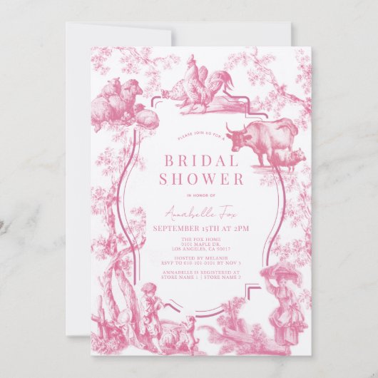 ピンクカントリーフランスのファームアニマルブライダルシャワー 招待状 (正面)