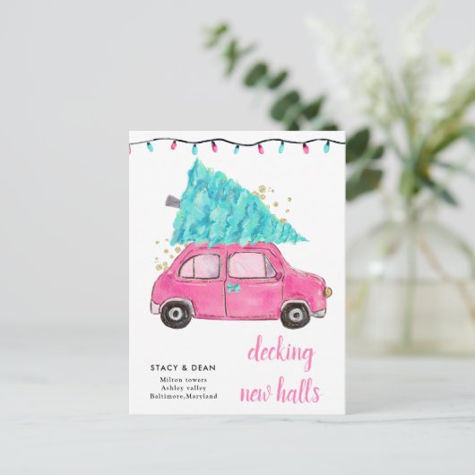 ピンクカーのクリスマスツリーを引っ越しました新しい住所 案内ポストカード (スタンド正面)