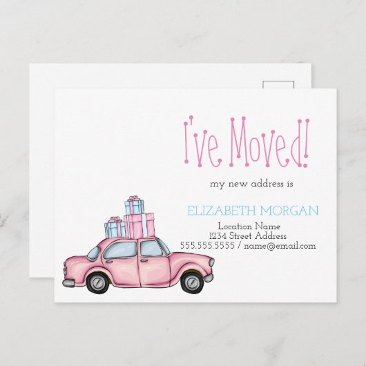 ピンクカーのプレゼントの新しい住所 案内ポストカード (正面/裏面)