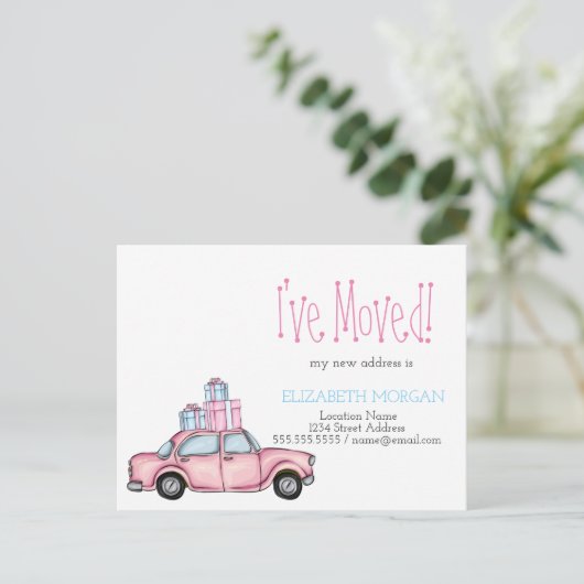 ピンクカーのプレゼントの新しい住所 案内ポストカード (スタンド正面)
