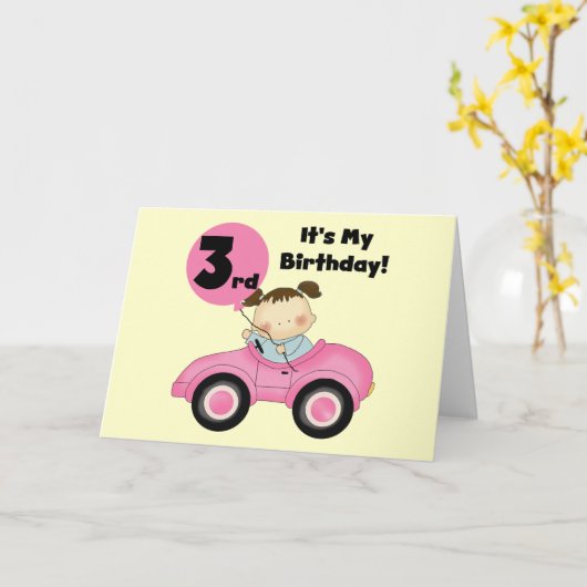 ピンクカーの女の子、3歳の誕生日Tシャツと贈り物 カード (黄色い花)