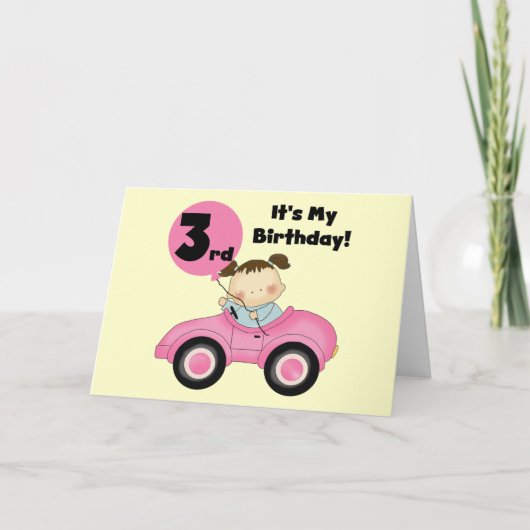 ピンクカーの女の子、3歳の誕生日Tシャツと贈り物 カード (正面)
