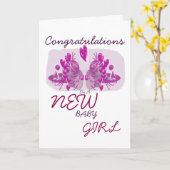 ピンクカード新生児おめでとう カード (黄色い花)