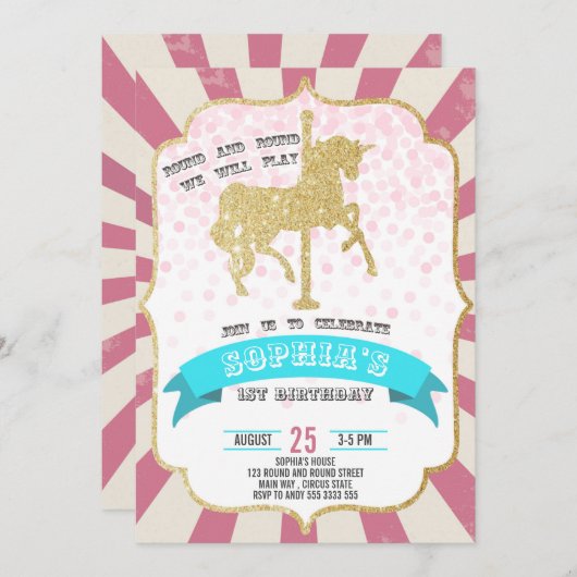 ピンクカーニバル回転木馬ガールファースト誕生日サーカス 招待状 (正面/裏面)