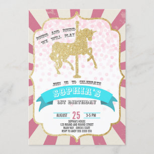 ピンクカーニバル回転木馬ガールファースト誕生日サーカス 招待状