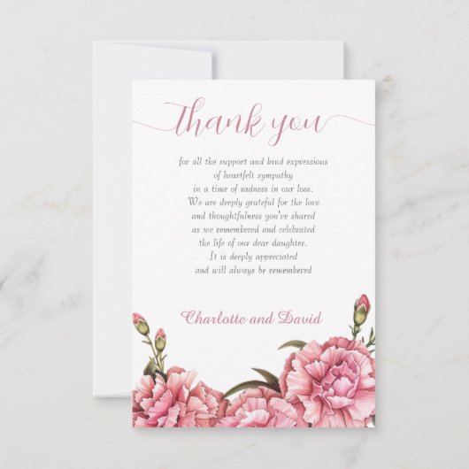 ピンクカーネーションズソフトホワイト写真記念感謝してい用世 サンキューカード (裏面)