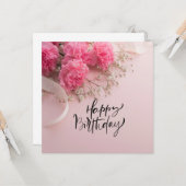 ピンクカーネーションフラワーハッピーバースデー  カード (正面/裏面インサイチュ)