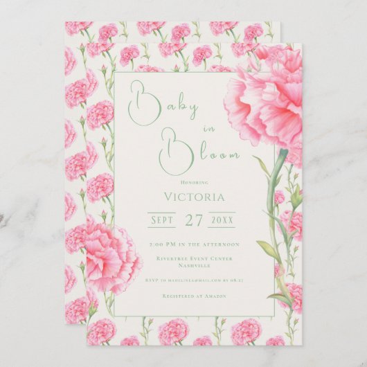 ピンクカーネーションベビーイン開花シャワー招待状 招待状 (正面/裏面)