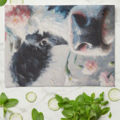 ピンクカーネーション絵画の牛 キッチンタオル (折り畳み)