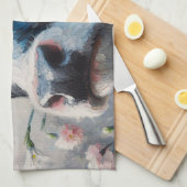 ピンクカーネーション絵画の牛 キッチンタオル (四つ折り)