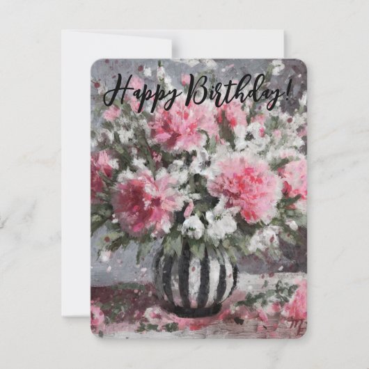 ピンクカーネーション花配り誕生日カード (正面)