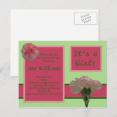 ピンクカーネーション葉書シャワー招待状 インビテーションポストカード (正面/裏面)