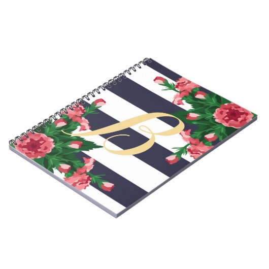 ピンクカーネーション&ネイビーブルーストライプレンズモノグラム ノートブック (左側)