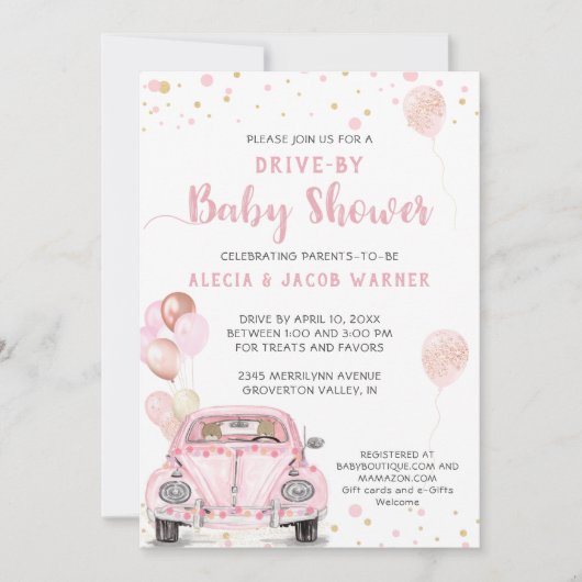 ピンクカーバルーンでドライブ紙吹雪ベビーシャワー 招待状 (正面)