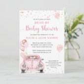 ピンクカーバルーンでドライブ紙吹雪ベビーシャワー 招待状 (スタンド正面)