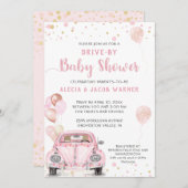 ピンクカーバルーンでドライブ紙吹雪ベビーシャワー 招待状 (正面/裏面)