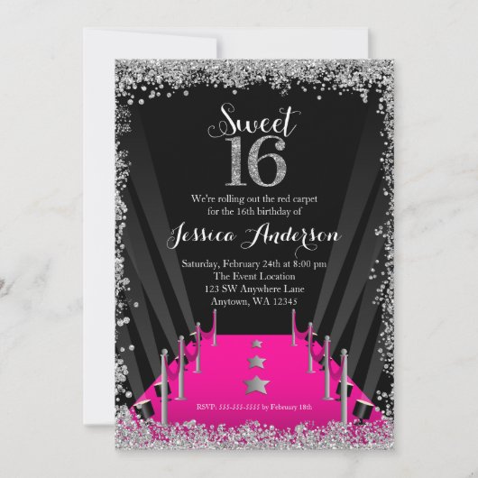 ピンクカーペット ハリウッド シルバー グリッター スウィート16 招待状 (正面)