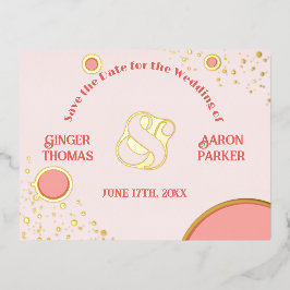 ピンクカーマイングルービーレトロウェディング日付を保存 箔招待状ポストカード